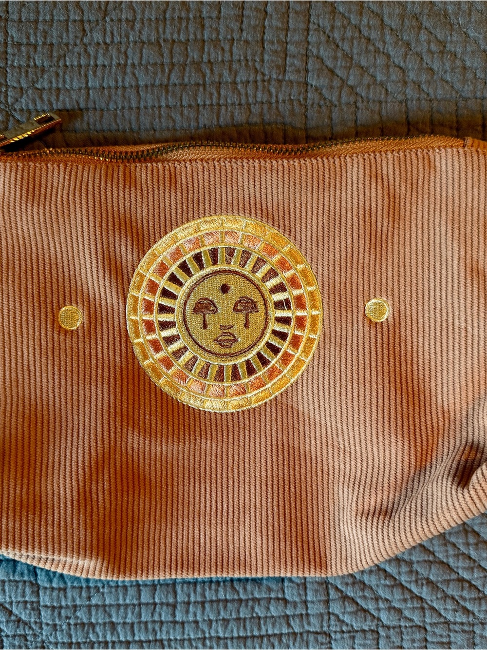 Cai and Jo Corduroy Cosmetic Pouch with Gold Sun Embroidery